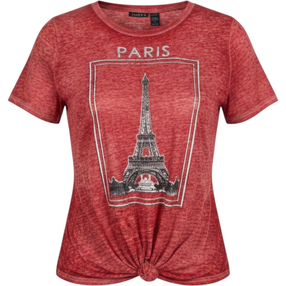 Joei & i Women Red Paris Eiffel Tower Graphic Twist Front Burnout Tee 1X FNL3805
